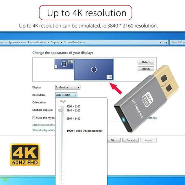 Alt view image 4 of 7 - xiwai DP 4K@60Hz Virtual Display Active Adapter Displayport Dummy Plug Headless Ghost Display 2560x1600p@60Hz
