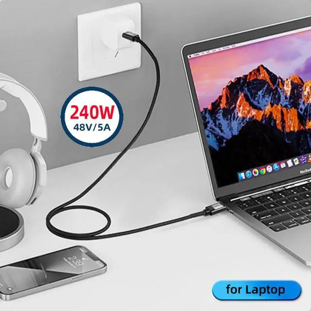 Alt view image 2 of 7 - xiwai USB-C Cable Male to Male USB3.2 20Gbps 240W 8K 5K 4K USB4.0 Sleeve Braid Hyper Super Coiled Type-C Fast Charging Cord 2m