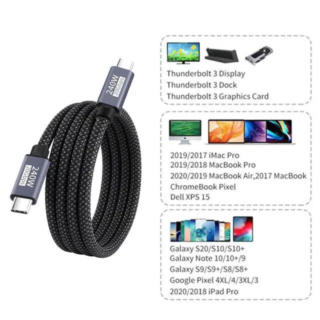 Alt view image 6 of 7 - xiwai USB-C Cable Male to Male USB3.2 20Gbps 240W 8K 5K 4K USB4.0 Sleeve Braid Hyper Super Coiled Type-C Fast Charging Cord 2m