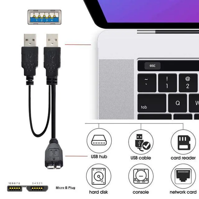 Alt view image 5 of 7 - xiwai Dual Type-A USB3.0 Male to Micro-USB3.0 Male Extra Power Data Cable Compatible with Disk Drive SSD Camera MP4 (60cm)