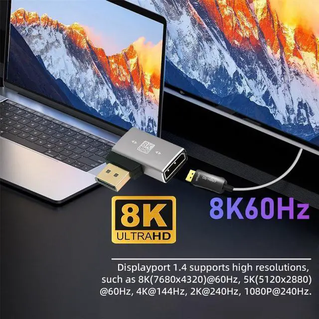 Alt view image 4 of 7 - xiwai 8K 60hz DisplayPort 1.4 (DP) Male to DP Female Adapter Right Angled 90 Degree Ultra-HD UHD 4K 144hz Extender Connector for Video PC Laptop Monitor