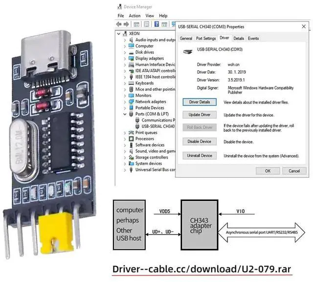 Alt view image 3 of 7 - xiwai USB2.0 USB-C Type-C Female to TTL Converter UART STC Module Serial Programmer CH340G CH340 3.3V 5V Adapter Replace PL-2303 Compatible with Windows 7,8