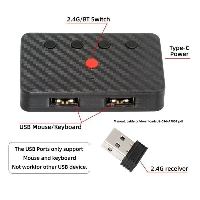 Alt view image 4 of 7 - xiwai USB Wired Mouse and Keyboard Convert to Wireless 2.4G Bluetooth(BT) Converter with Receiver USB Switch Selector Type-C Power for Tablet Phone Laptop