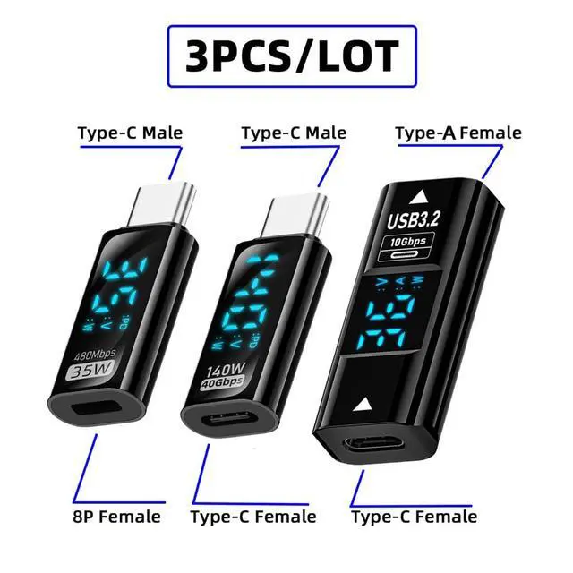 Alt view image 2 of 7 - xiwai 3pcs/Set USB-C Adapter Smart Digital LED Display 10Gbps Type-C Female to USB Type-A 8P Data Current Voltage Fast Charging Monitoring Display Tester Detector