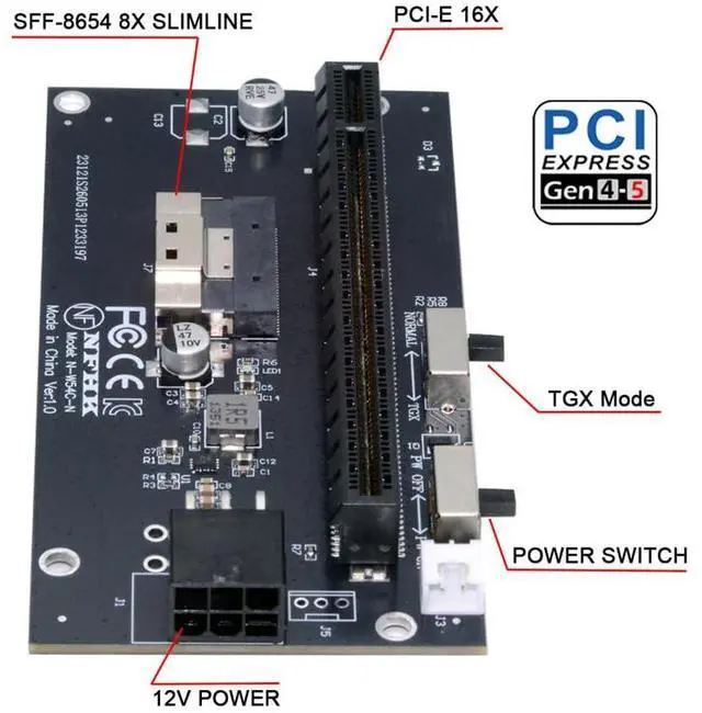 Alt view image 4 of 7 - Xiwai Slimline 8X SFF-8654 74Pin to PCI-E 16x Adapter with PCIE 6Pin Power | PCI-Express TGX Switch Port for Mainboard Graphics Card