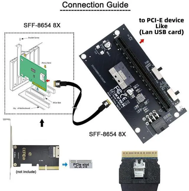 Alt view image 6 of 7 - Xiwai Slimline 8X SFF-8654 74Pin to PCI-E 16x Adapter with PCIE 6Pin Power | PCI-Express TGX Switch Port for Mainboard Graphics Card