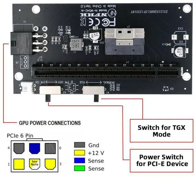 Alt view image 7 of 7 - Xiwai Slimline 8X SFF-8654 74Pin to PCI-E 16x Adapter with PCIE 6Pin Power | PCI-Express TGX Switch Port for Mainboard Graphics Card