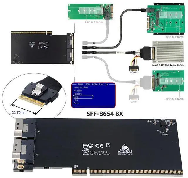 Alt view image 5 of 7 - Xiwai External Dual SFF-8654 8X 74Pin Slimline to PCIE4.0 PCIE 16X Express 3.0 Raid Card VROC Raid0 Hyper Adapter