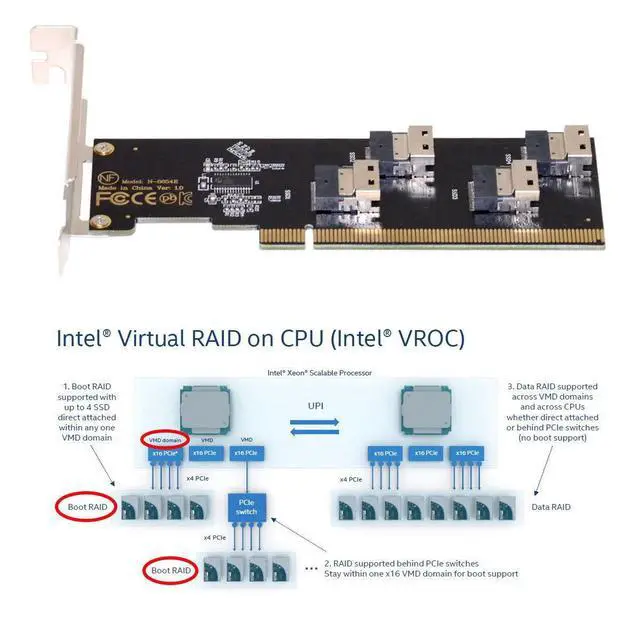 Alt view image 4 of 7 - Xiwai Slimline SFF-8654 Four 4X 4 NVME to PCIE Express 3.0 4.0 Raid Card VROC Raid0 Hyper Adapter