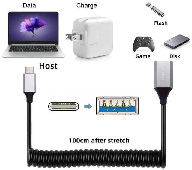 Alt view image 6 of 7 - xiwai OTG USB-C Type-C Host to USB3.0-A Female Stretch Coiled Cable Extension 5Gbps for Disk Phone Camera Data 100cm