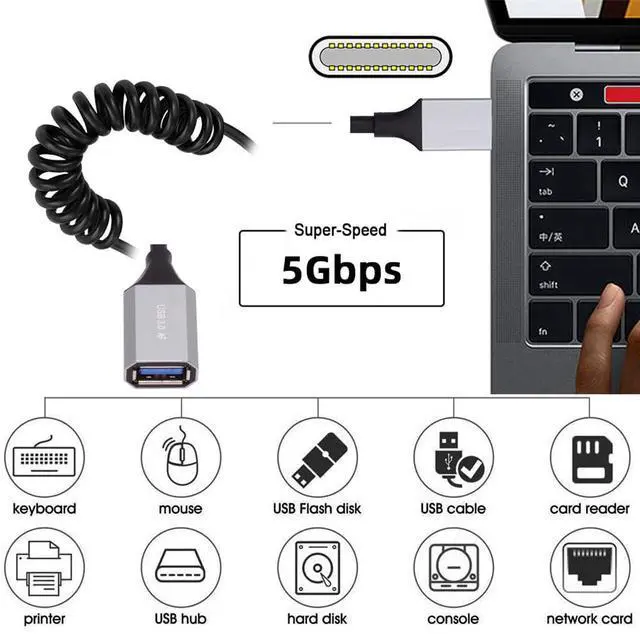 Alt view image 7 of 7 - xiwai OTG USB-C Type-C Host to USB3.0-A Female Stretch Coiled Cable Extension 5Gbps for Disk Phone Camera Data 100cm