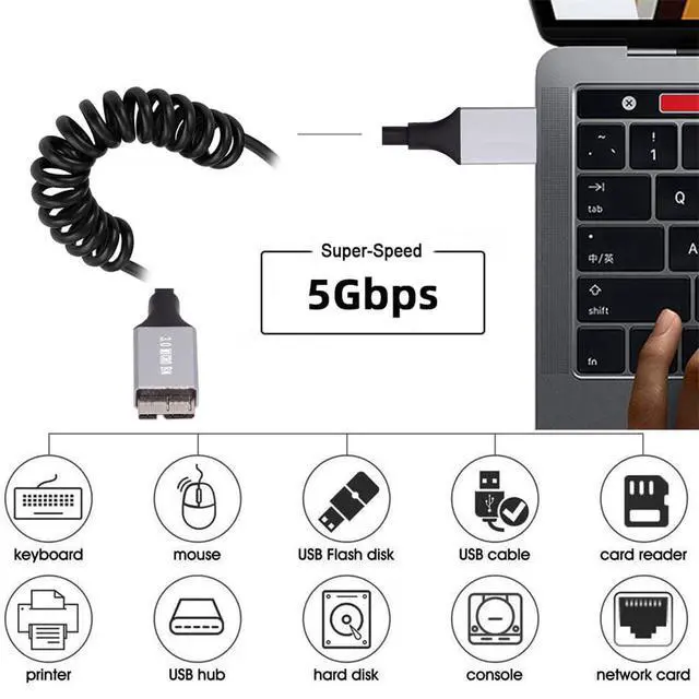 Alt view image 7 of 7 - xiwai USB 3.0 Type-A Male to Micro-USB3.0 Male Stretch Coiled Cable Extension 5Gbps for Disk Phone Camera Data 100cm