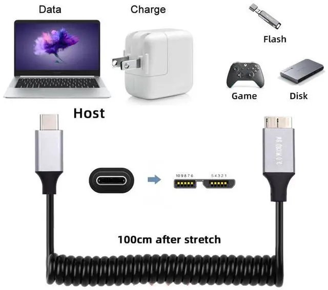 Alt view image 6 of 7 - xiwai OTG USB-C Type-C Host to Micro-USB3.0 Male Stretch Coiled Cable Extension 5Gbps for Disk Phone Camera Data 100cm
