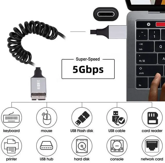 Alt view image 7 of 7 - xiwai OTG USB-C Type-C Host to Micro-USB3.0 Male Stretch Coiled Cable Extension 5Gbps for Disk Phone Camera Data 100cm