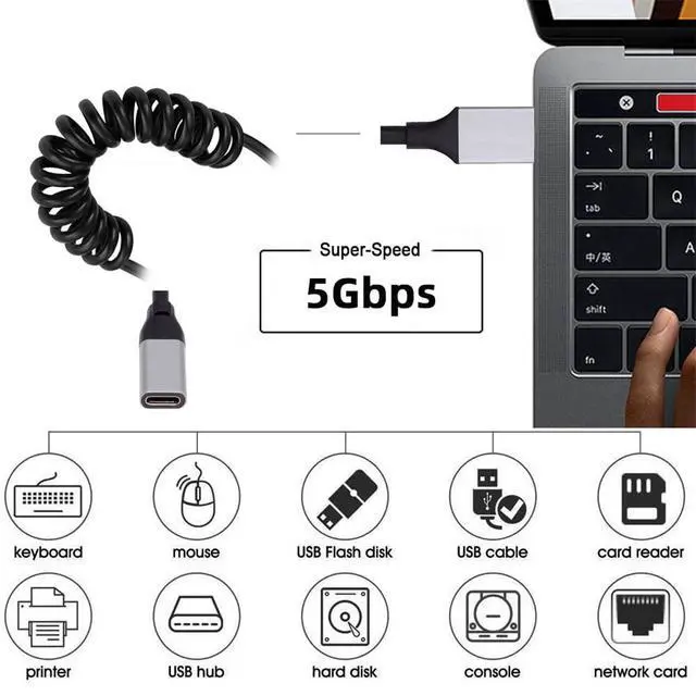 Alt view image 7 of 7 - xiwai Stretch Coiled USB 3.0 Type-A Male to USB-C Type-C Female Cable Extension 5Gbps for Disk Phone Camera Data 100cm
