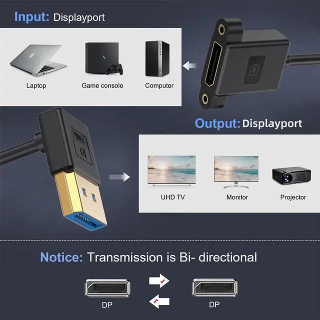 Alt view image 5 of 7 - xiwai Up Angled DisplayPort 1.4 Ultrafine DP Male to Female Extension Cable 8K 60hz 4K 144hz for Graphics Card Desktop Laptop Monitor 30cm