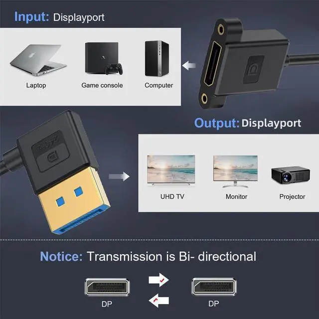 Alt view image 5 of 7 - xiwai Right Angled DisplayPort 1.4 Ultrafine DP Male to Female Extension Cable 8K 60hz 4K 144hz for Graphics Card Desktop Laptop Monitor 30cm