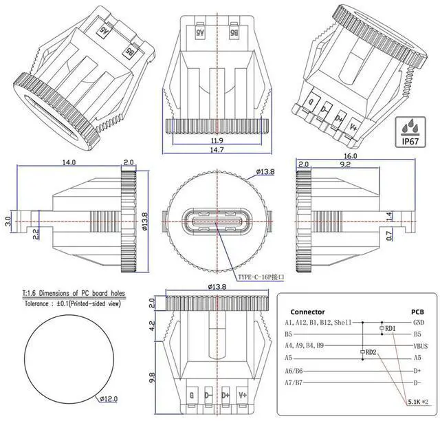 Alt view image 5 of 7 - xiwai 5pcs/Set DIY OEM Type C Female Socket Connector to 6Pin PCBA Pinout Round Latch Mount Type DC 5V/20V PD Power IP67 for Wiring