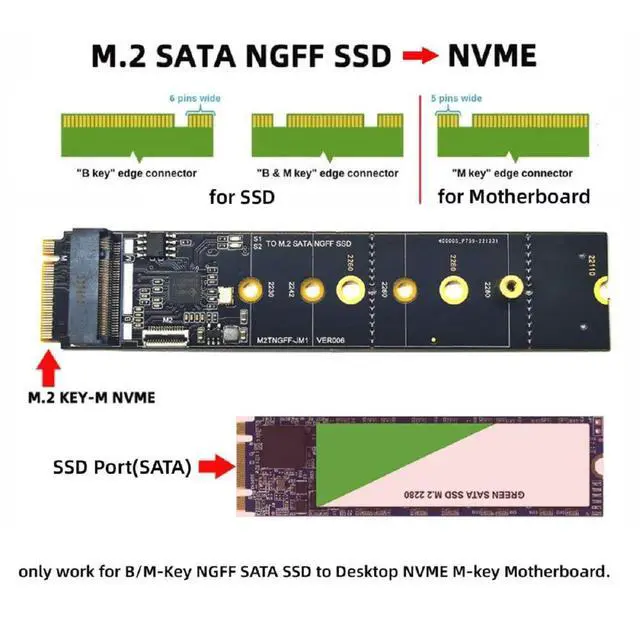 Alt view image 7 of 7 - xiwai JMB582 SATA NGFF Key B+M SSD to NVME M-Key Motherboard Desktop Adapter Converter Card for SSD 2280