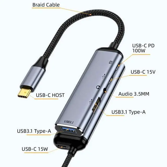 Alt view image 2 of 7 - xiwai Type C USB-C to Audio 3.5MM Dual USB 3.0 HUB Converter Multiport Adapter with Female 100W PD Power Port