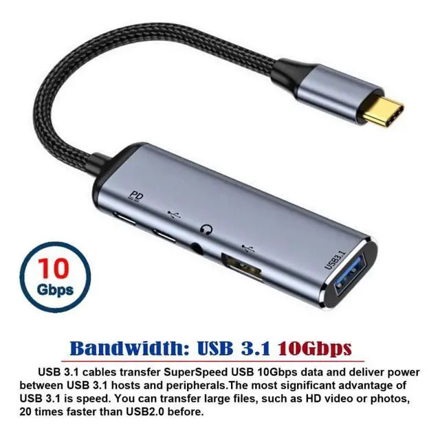 Alt view image 3 of 7 - xiwai Type C USB-C to Audio 3.5MM Dual USB 3.0 HUB Converter Multiport Adapter with Female 100W PD Power Port
