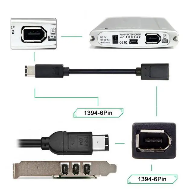 Alt view image 7 of 7 - xiwai Firewire IEEE 1394a 6Pin Female to 1394 6Pin Male 400-400 High Speed Extension Data Cable for Laptop Video Capture Card 20cm