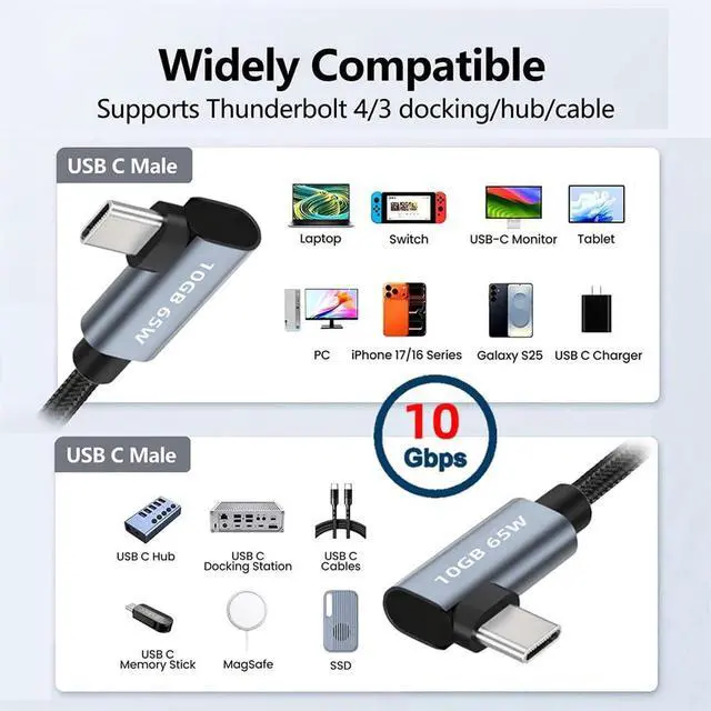Alt view image 4 of 7 - xiwai USB-C 4K Video Display Cord 60cm Type-C Male to Male Dual Right Angle | 90 Degree Connector 10Gbps PD 65W Power Data Cable Braided Compatible with Thunderbolt3/4/USB4
