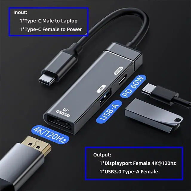 Alt view image 4 of 7 - xiwai Type-C USB-C to DP Displayport Converter 4K@120hz USB 3.0 OTG Monitor Multiport Adapter with Female 60W PD Power Port