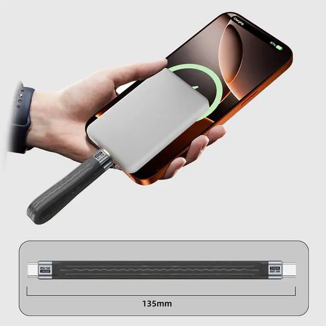 Alt view image 5 of 7 - xiwai Short USB5.0 80Gbps Flat Slim FPC Cable 240W 16K@30hz 8K 60Hz 5K & Female Extender Lanyard Strap Chain Compatible with 40Gbps USB4.0 Thunderbolt3/4/5 Black 13cm