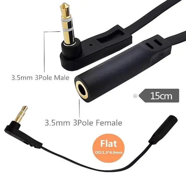 Alt view image 2 of 7 - CableUltra Slim Flat AUX 3.5mm 3-Poles Audio Stereo Male to Female Extension Speaker Cable 90 Degree Right Angled 15cm