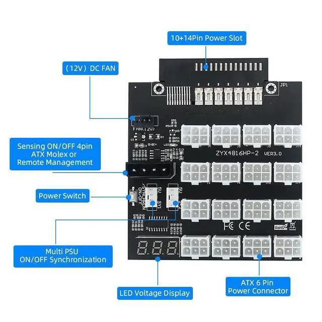 Alt view image 3 of 7 - Flex Slot Server Power Board 14+10Pin to 16x6Pin Power Supply Board for CHIA ETH BTC Mining Miner
