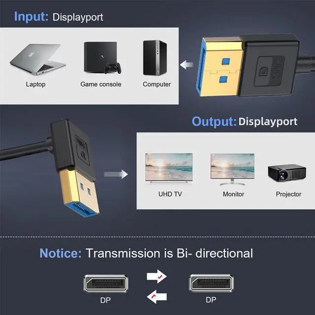 Alt view image 5 of 7 - Ultrafine Up Angled DisplayPort 1.4 DP to DP Cable 8K 60hz Cable Ultra-HD UHD 4K 144hz 90 Degree for Desktop Laptop Monitor 100cm