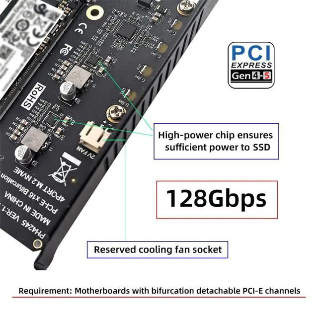 Alt view image 2 of 7 - Card 4X NVME M.2 NGFF SSD to Detachable Bifurcation PCIE Express 5.0 Gen5 Gen4 X16 Raid Card VROC Raid0 Hyper Adapter