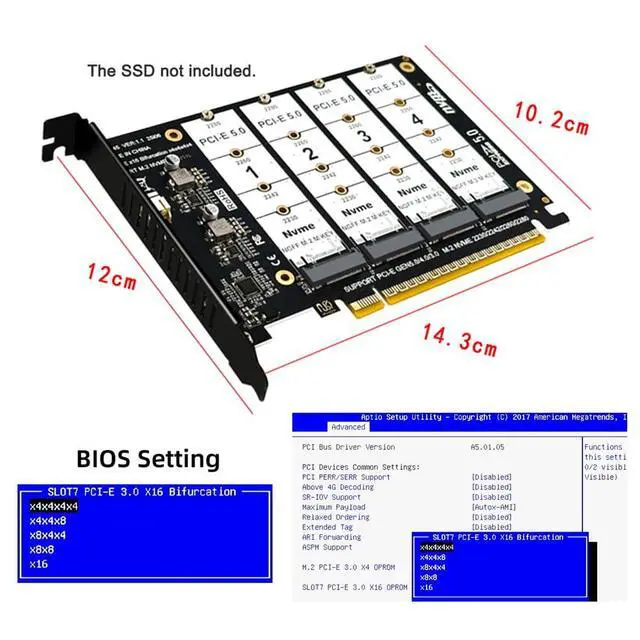 Alt view image 3 of 7 - Card 4X NVME M.2 NGFF SSD to Detachable Bifurcation PCIE Express 5.0 Gen5 Gen4 X16 Raid Card VROC Raid0 Hyper Adapter