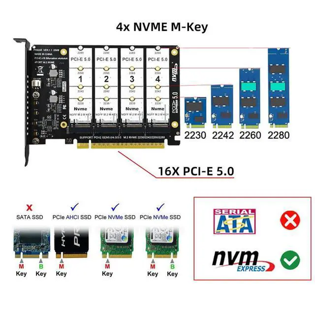 Alt view image 4 of 7 - Card 4X NVME M.2 NGFF SSD to Detachable Bifurcation PCIE Express 5.0 Gen5 Gen4 X16 Raid Card VROC Raid0 Hyper Adapter