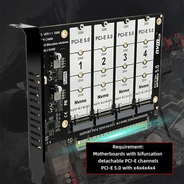 Alt view image 7 of 7 - Card 4X NVME M.2 NGFF SSD to Detachable Bifurcation PCIE Express 5.0 Gen5 Gen4 X16 Raid Card VROC Raid0 Hyper Adapter