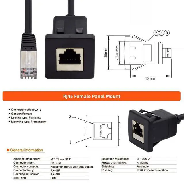 Alt view image 7 of 7 - Waterproof Dustproof Latch Locking CAT6 RJ45 Male to Female LAN Ethernet Network Extension Cable Car Panel Mount Design