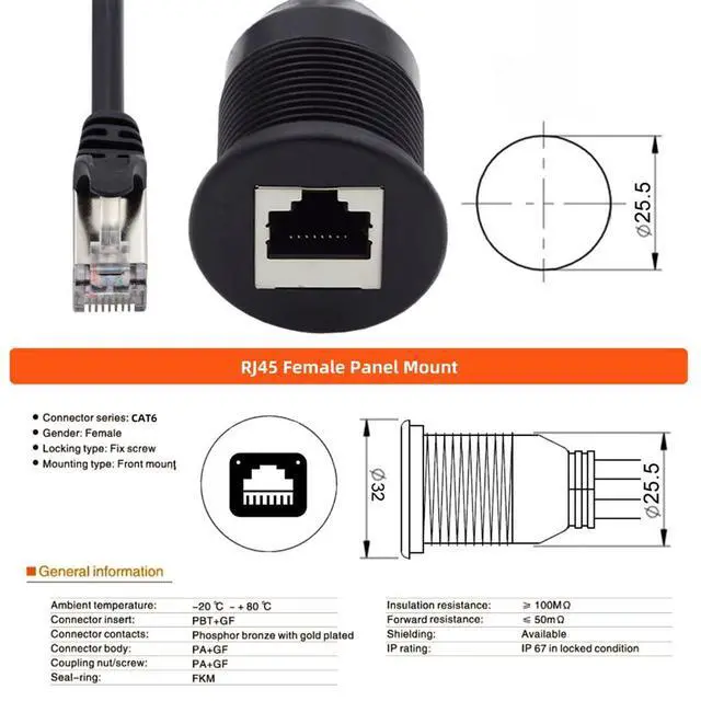 Alt view image 3 of 7 - 1m Waterproof Dustproof Screw Locking CAT6 RJ45 Male to Female LAN Ethernet Network Extension Cable Car Panel Mount Design