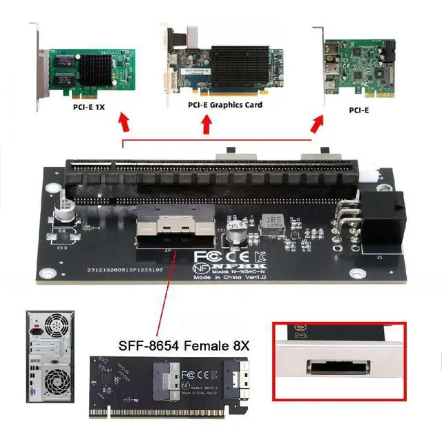 Alt view image 4 of 7 - Slimline SFF-8654 74Pin 8X to PCIE PCI-Express 16x Adapter TGX with PCI-E 6Pin Power Switch Port