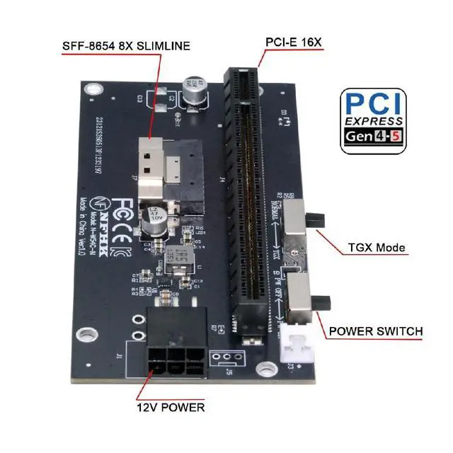 Alt view image 6 of 7 - Slimline SFF-8654 74Pin 8X to PCIE PCI-Express 16x Adapter TGX with PCI-E 6Pin Power Switch Port