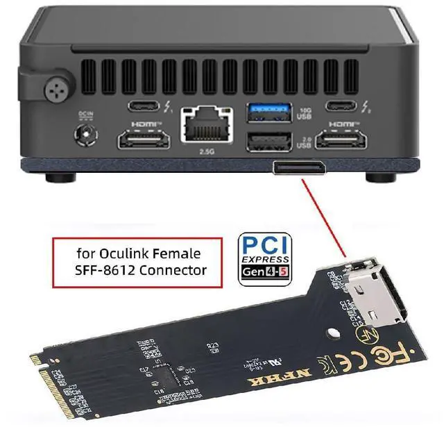 Alt view image 3 of 7 - Oculink SFF-8612 SFF-8611 to PCI-E 5.0 4.0 M.2 M-Key NVME & 2280 SSD Host Adapter with Heat Sink for NUC15 Pro Mini PC Computer Slim Type NUC15CRK