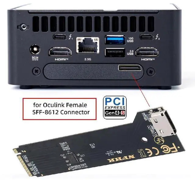 Alt view image 3 of 7 - Oculink SFF-8612 SFF-8611 to PCI-E5.0 4.0 M.2 M-Key NVME &2280 SSD Host Adapter with Heat Sink for NUC15 Pro Mini PC Computer Tall Type NUC15CRH