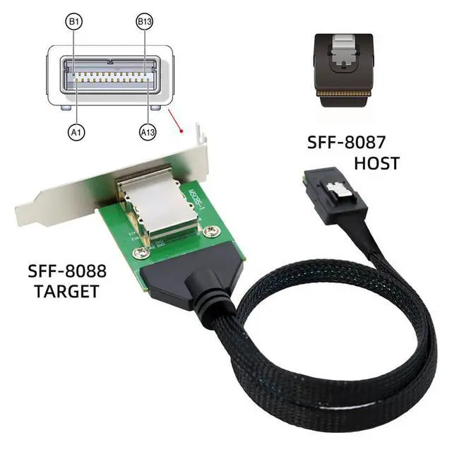 Alt view image 7 of 7 - Internal Mini SAS SFF-8087 Male to External SFF-8088 Female Extension Cable PCBA with Low Profile Bracket