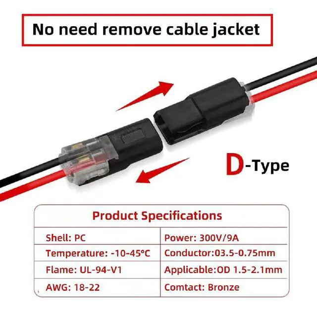 Alt view image 5 of 7 - 10pcs/lot Double Wire Plug Connector D2 Solderless Pluggable with Locking Buckle Quick Connect Terminal Compatible with Led Light Strip 2Pin 18-22AWG Connectors