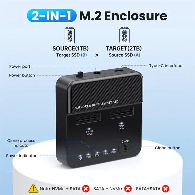 Alt view image 5 of 7 - Dual-Bay Cloner 20Gbps NVME M.2 NGFF M-Key to USB-C One-Click Offline Clone Backup Enclosure Hyper Vertical Duplicator