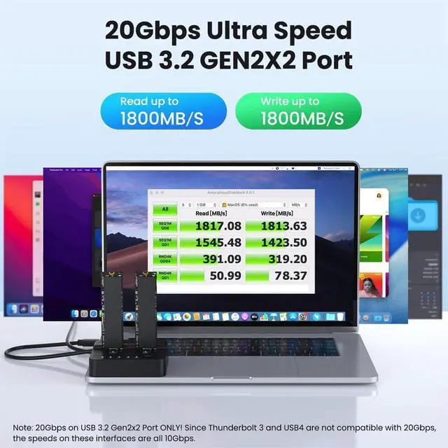 Alt view image 7 of 7 - Dual-Bay Cloner 20Gbps NVME M.2 NGFF M-Key to USB-C One-Click Offline Clone Backup Enclosure Hyper Vertical Duplicator