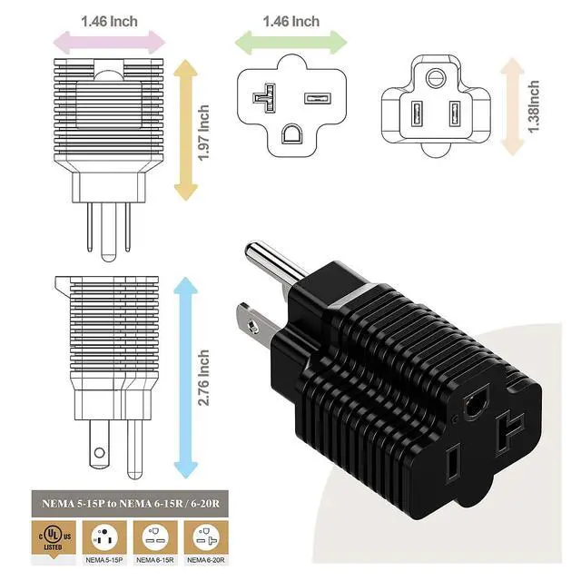 Alt view image 4 of 7 - Nema 15 Amp to 20 Amp Plug Adapter ETL Listed NEMA 5-15P to 5-15/20R (Comb 20Amp T Blade) 15 Amp Household Plug to 20 Amp T-Blade AC Power Adapter