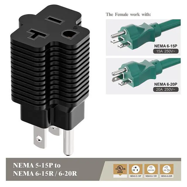 Alt view image 6 of 7 - Nema 15 Amp to 20 Amp Plug Adapter ETL Listed NEMA 5-15P to 5-15/20R (Comb 20Amp T Blade) 15 Amp Household Plug to 20 Amp T-Blade AC Power Adapter