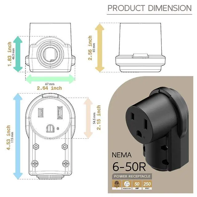Alt view image 5 of 7 - NEMA 6-50R Plug,6-50R 50A/250V Welder Female Socket,(ETL Certified) 50Amp 250Volt Cord End Receptacle For Welders & Driers, Heavy Duty Welder 3-Prong, Black Color.