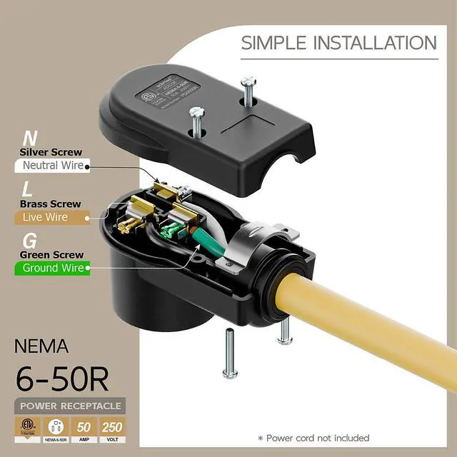 Alt view image 4 of 7 - NEMA 6-50R Plug,6-50R 50A/250V Welder Female Socket,(ETL Certified) 50Amp 250Volt Cord End Receptacle For Welders & Driers, Heavy Duty Welder 3-Prong, Black Color.